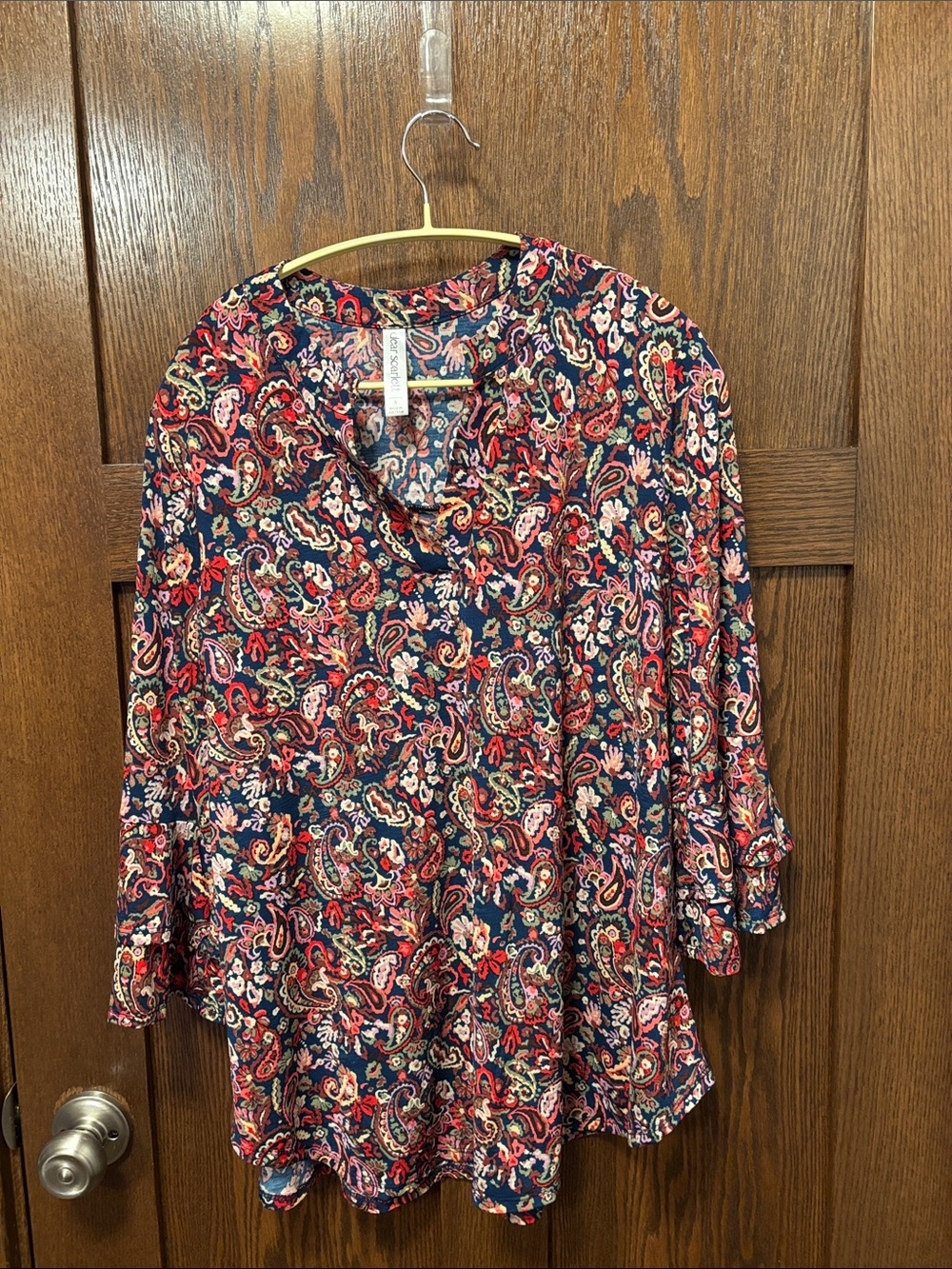 Dear Scarlett Paisley V-Neck Long Sleeve Top - Navy and Red. Small